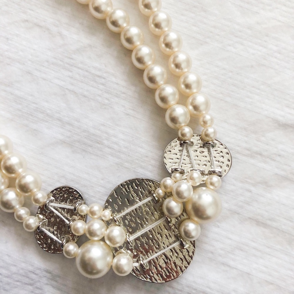 Layered Faux Pearl Beaded Crystal Statement Necklace Multi-Strand Silver Chain - Picture 6 of 10